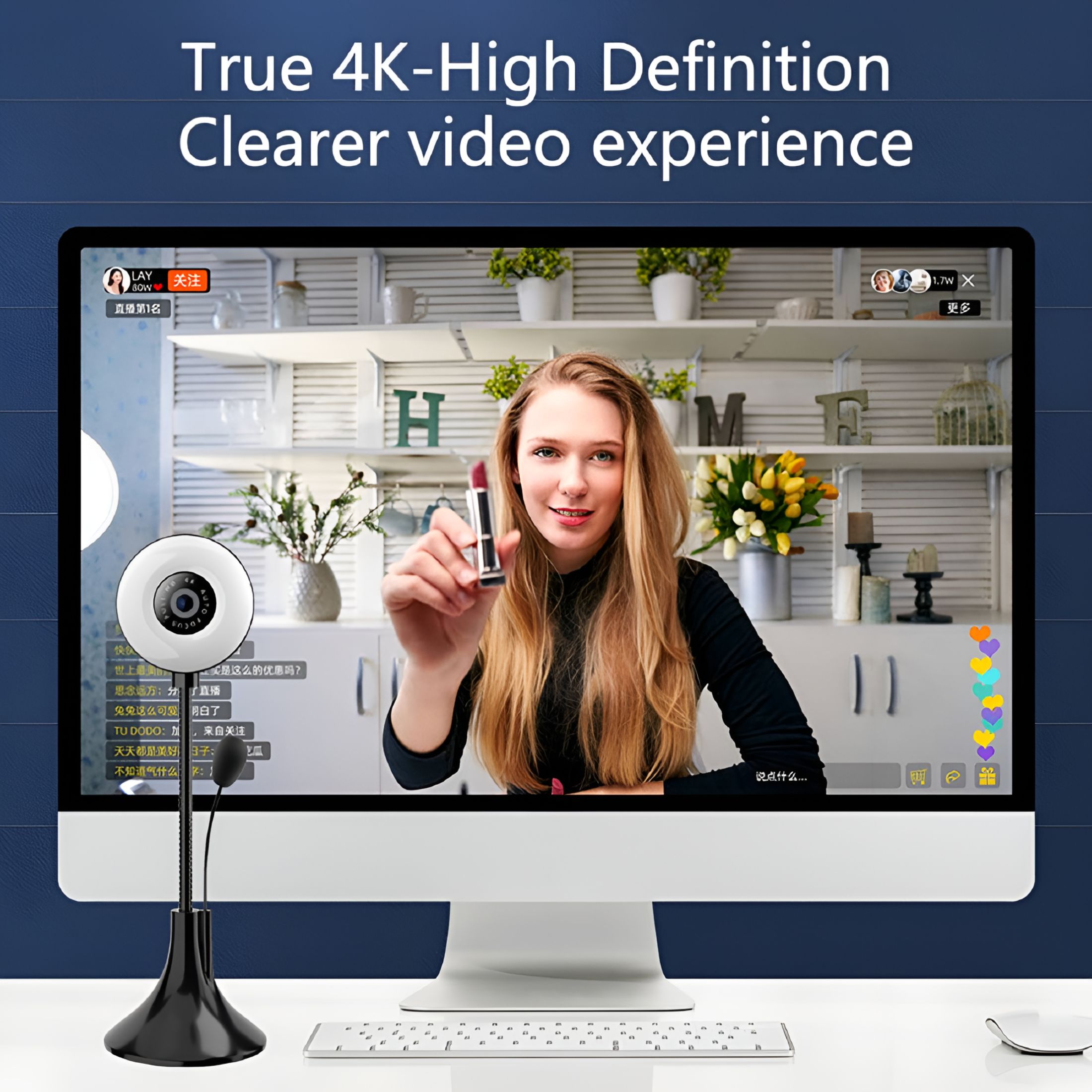 GJX 2K Webcam with Bendable Stand, Auto Focus Webcam with Microphone, 3-Level Brightness, Plug and Play USB Computer Camera, Streaming Web Camera for Laptop PC/Video Call/Zoom/Skype