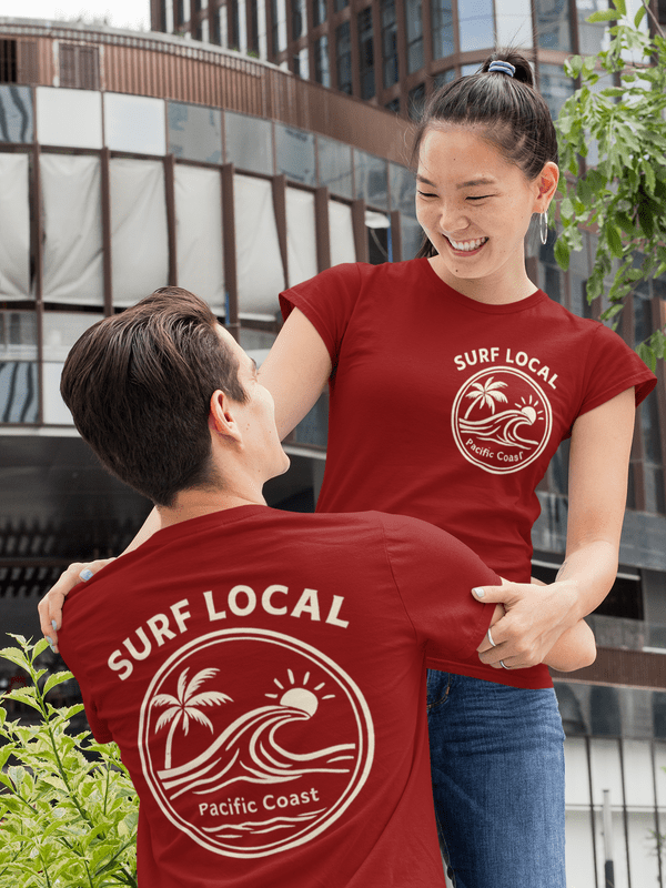 Surf Local Pacific Coast T-Shirt – Vintage Surf Graphic Tee, Beach Wave Shirt, Front & Back Print Unisex Crewneck