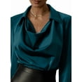thumbnail image 3 of Women'S Elegant Satin Silk Blouse Cowl Neck Ruched Front Draped Long Sleeve Work Office Shirt Top Blue S, 3 of 6