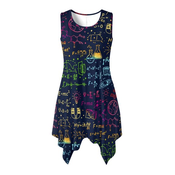 HELLHERO Ladies Irregular Hem Casual Dress, Colorful Science Formula Asymmetric Sleeveless Sundress, with side pockets Summer Sleeveless Midi Dress for Dating Beach
