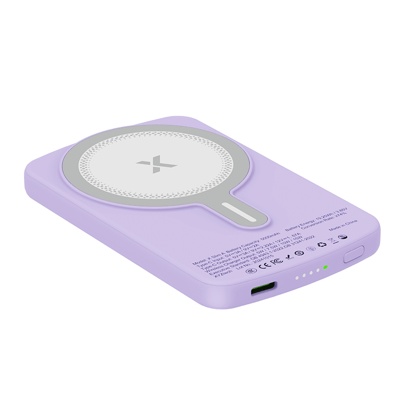 XYZtech X Slim A Wireless Power Bank - 5000 mAh - Ultra Thin - 0.39" Rubber Oil Finish Plastic Casing Design, Compatible with iPhone and Samsung, Lavender