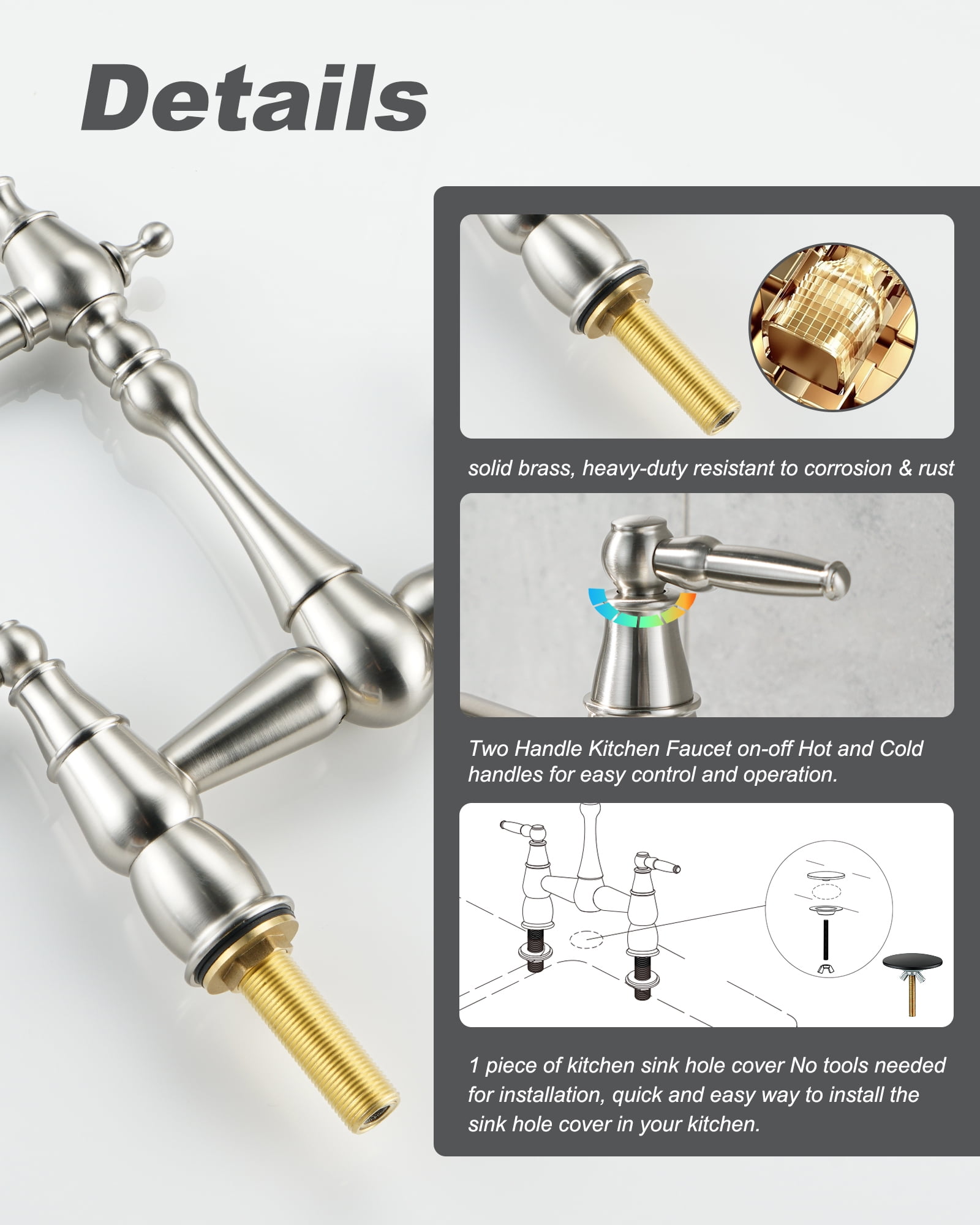 Wowow Brass Bridge Centerset Kitchen Faucet for Sink, 2 Handle 2 Hole 360 Degree Swivel Faucets for Vintage Farmhouse, Brushed Nickel