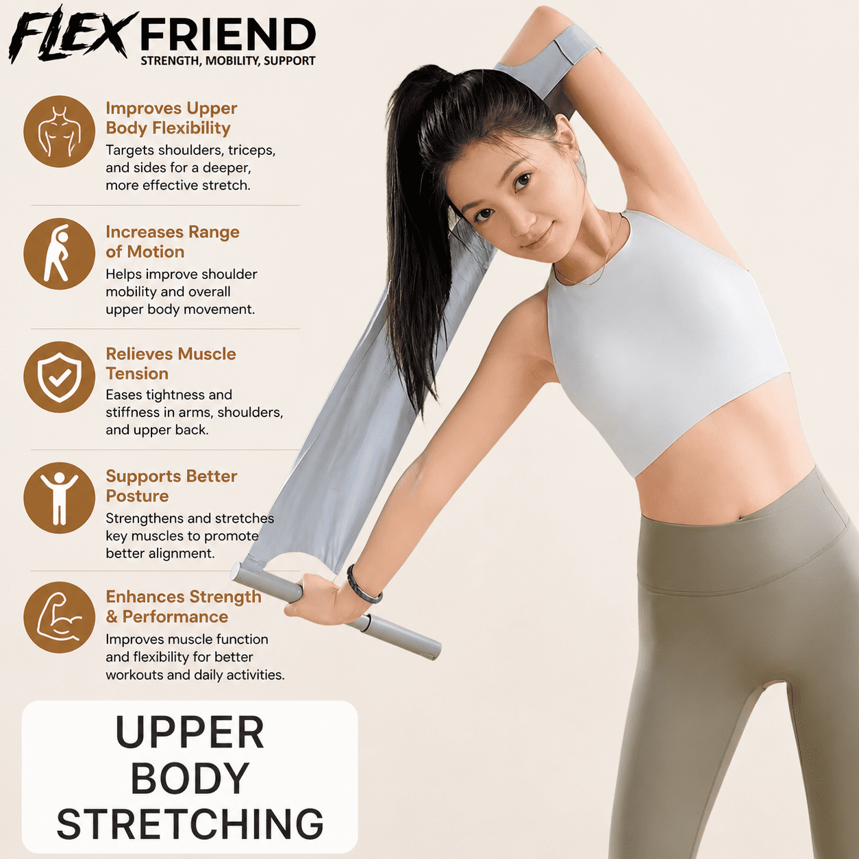 Flex Friend Non-Elastic Yoga & Pilates Stretching Strap with Ergonomic Handles, Full Body Mobility Trainer – Blue