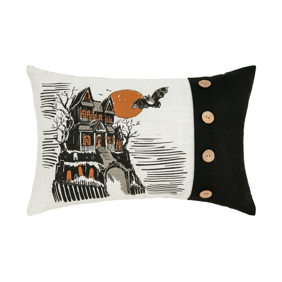Haunted House Halloween 100% Polyester Printed Accent Pillow w/ Decorative Buttons 13" x 20"