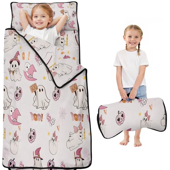 Pink Halloween Ghosts Toddler Nap Mats for Kids Preschool,50"x20" Sleeping Mat Bag or Kids,Toddler Sleeping Bag,Toddler Nap Mat or Daycare