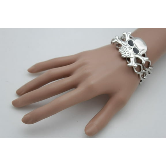 Women Silver Metal Chain Fashion Jewelry Bracelet Skeleton Skull Pirate Bangle