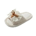 thumbnail image 2 of Xfvqtps Fluffy Slippers for Women Lace Bow Winter Warm Open Toe Slip on Furry Cozy Indoor and Outdoor Plush Shoes Beige, 2 of 7