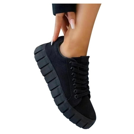 

Lyinloo Large Size Platform Women s Single Shoes Round Toe Cross-lace Canvas Shoes Black 37