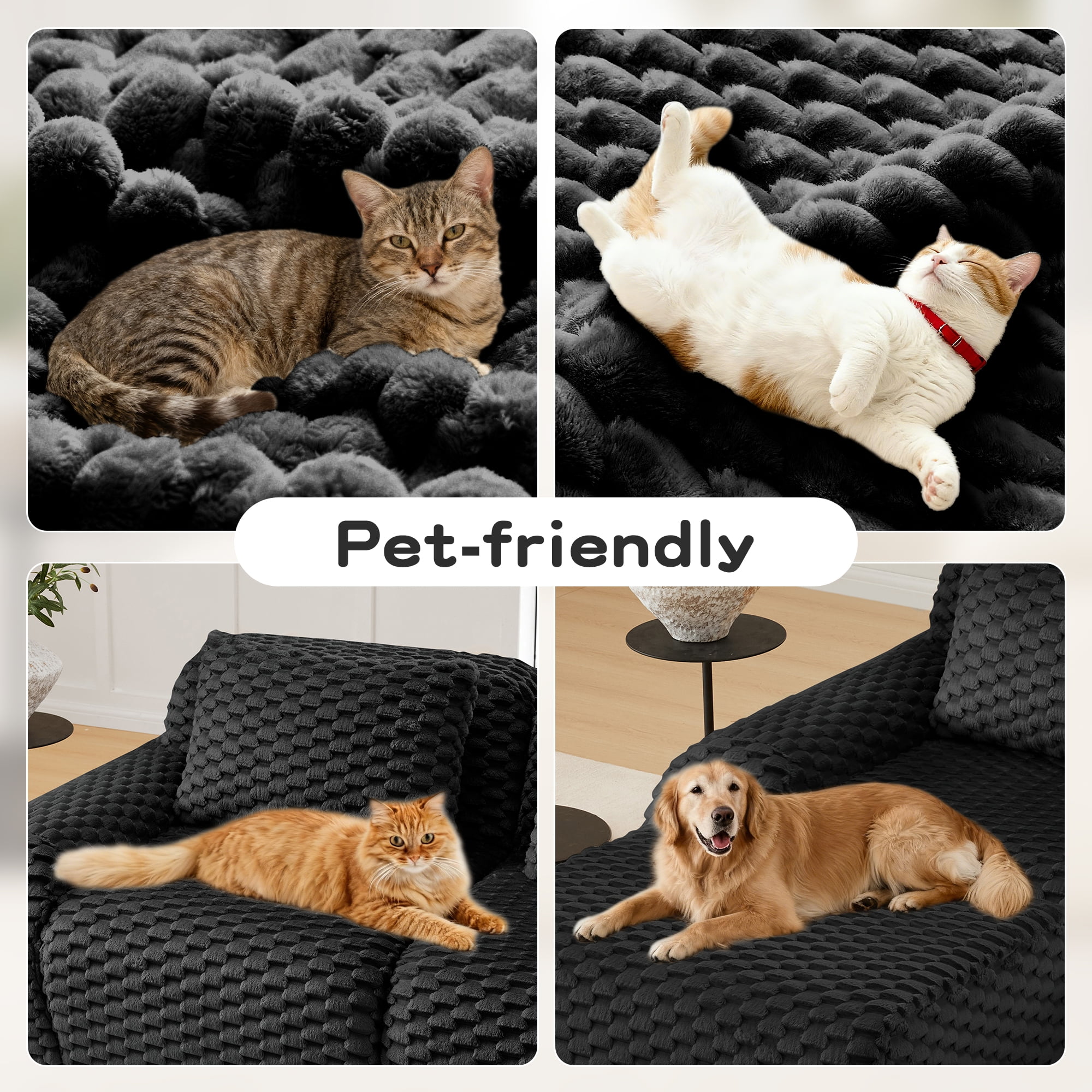 MAYEERTY 146" Modular Couch, Textured Flannelette, Anti-Slip Base, Deep Seat, Boneless, No Assembly, Black