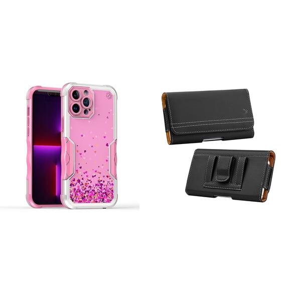 Case and Pouch Bundle for iPhone 14: Heavy Duty Armor Rugged Case (Pink Floating Hearts) and PU Leather Magnetic Belt Holster