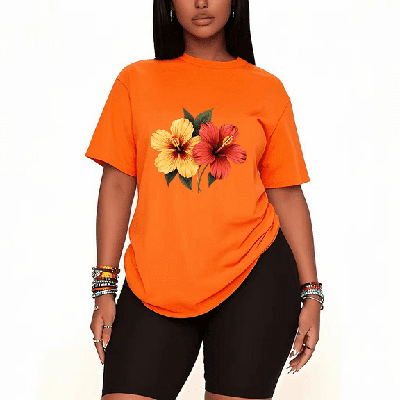 Womens 2 Piece Oversized Lounge Outfit Casual Summer Sets Flowers Graphic Cute Printed Crew Neck T-Shirt and Short Matching Clothing Set-Orange-4XL