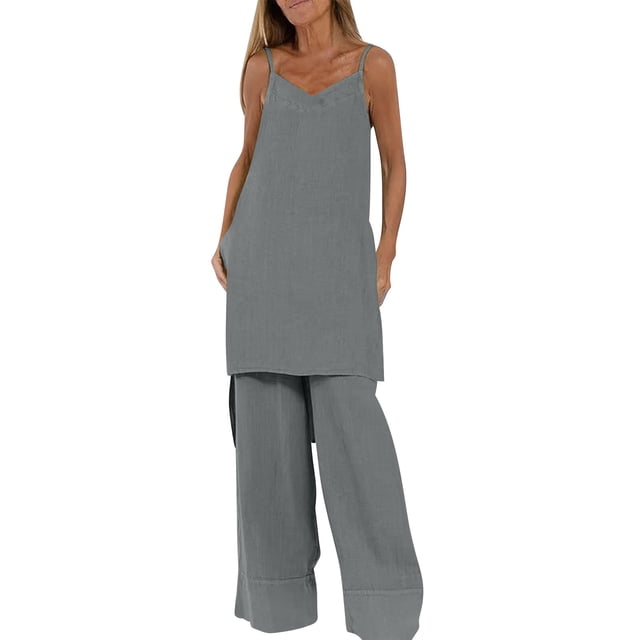 Conjunto de Pantalones Cortos de Verano con Cuello en V, Blusa sin Mangas Y Pantalones de Bolsillo Sueltos, Traje Casual de 2 Piezas para Mujeres, Conjunto de Mezcla de Algodón de Lavado a Mano
