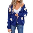 thumbnail image 3 of Womens Ribbed Knit Cardigan Slouchy Flower Graphic Button-Up Jacquard Knitted Sweater Coat Blue M, 3 of 9