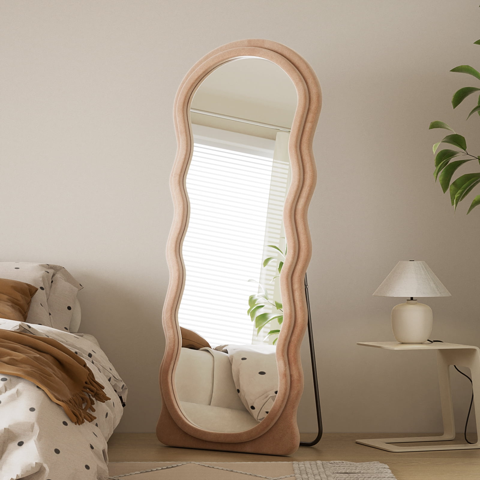 Easy4Home 63"x24" Arched Full Length Mirror with Wavy Flannel Frame Freestanding Decorative Round Edge Floor Mirror, Milk Tea