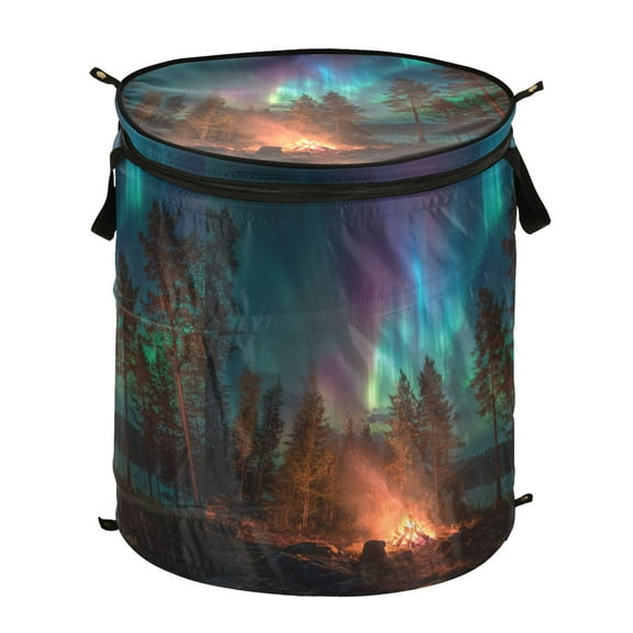 50L Extra Large Popup Hamper Collapsible Laundry Basket With Zippered Lid 15.7x18.5in A Campfire