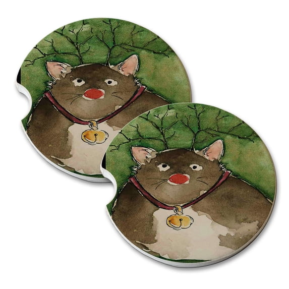 KuzmarK Sandstone Car Drink Coaster (set of 2) - Rudolph Reindeer Kitty Christmas Cat Art by Denise Every