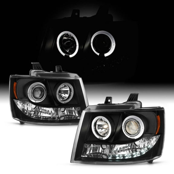 AKKON - For Chevy Suburban Avalanche Tahoe Black Dual Halo Ring LED DRL Projector Replacement Headlights Lamp