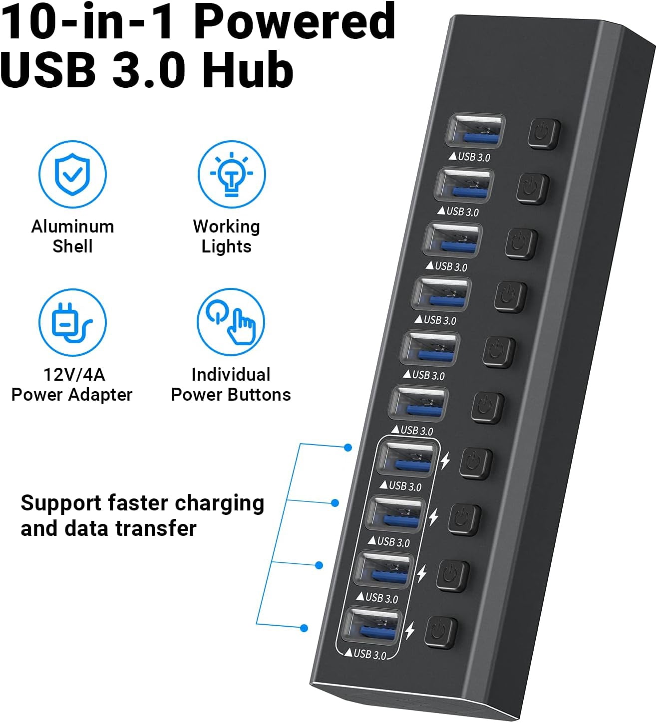 AUBEAMTO  16-Port Powered USB3.0 Hub, USB3.0 Hub [Durable Aluminum] 16Data Transfer Ports+ 4 Smart Charging Ports with Individual On/Off Switches, USB Hub 3.0 Powered with Power Adapter for Laptop PC