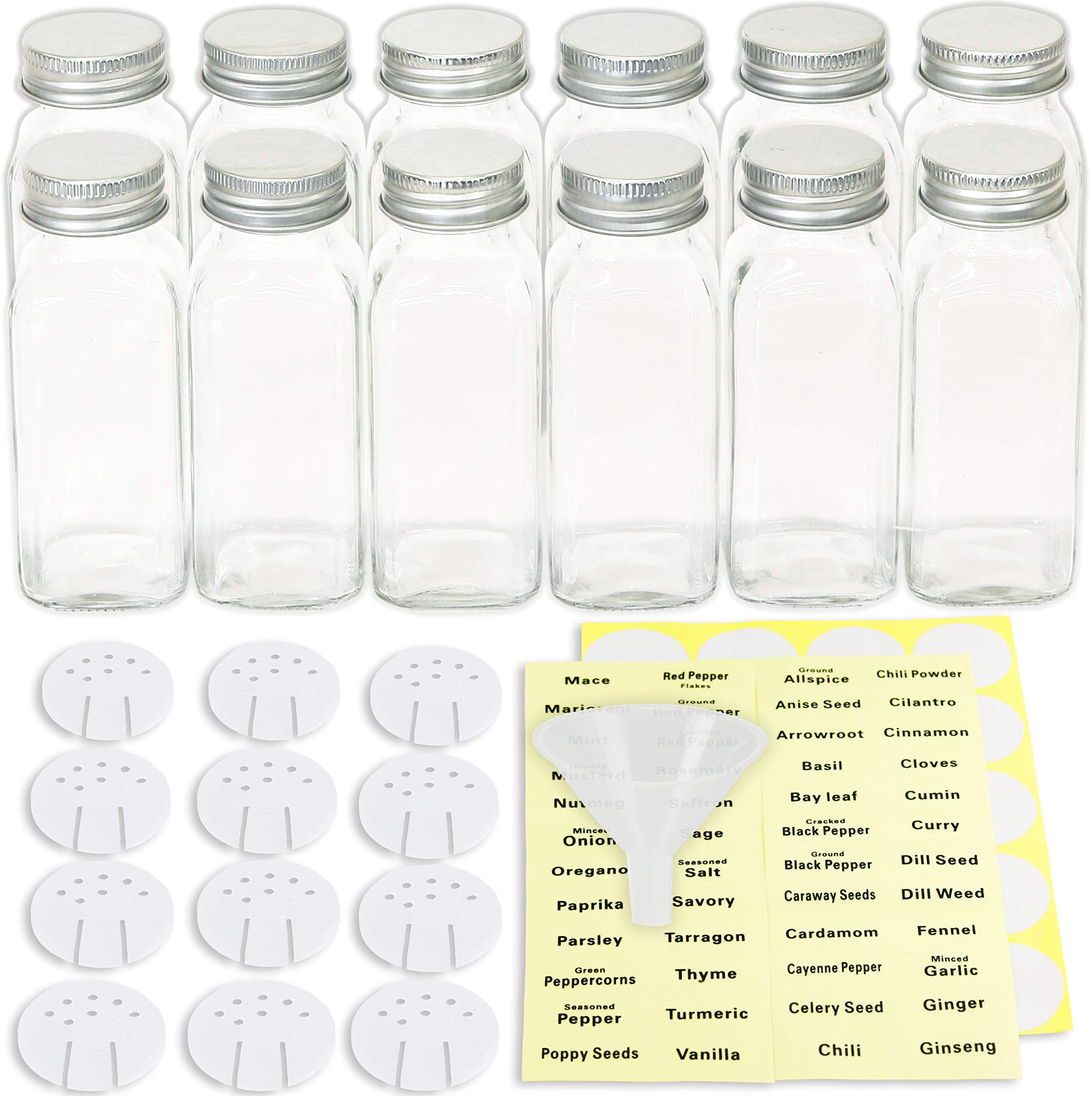 12 Pack of 6 Oz. Empty Clear Plastic Spice Bottles with White Sprinkle Top  Lids For Storing and Dispensing Salt, Sweeteners and Spices - Food-Grade
