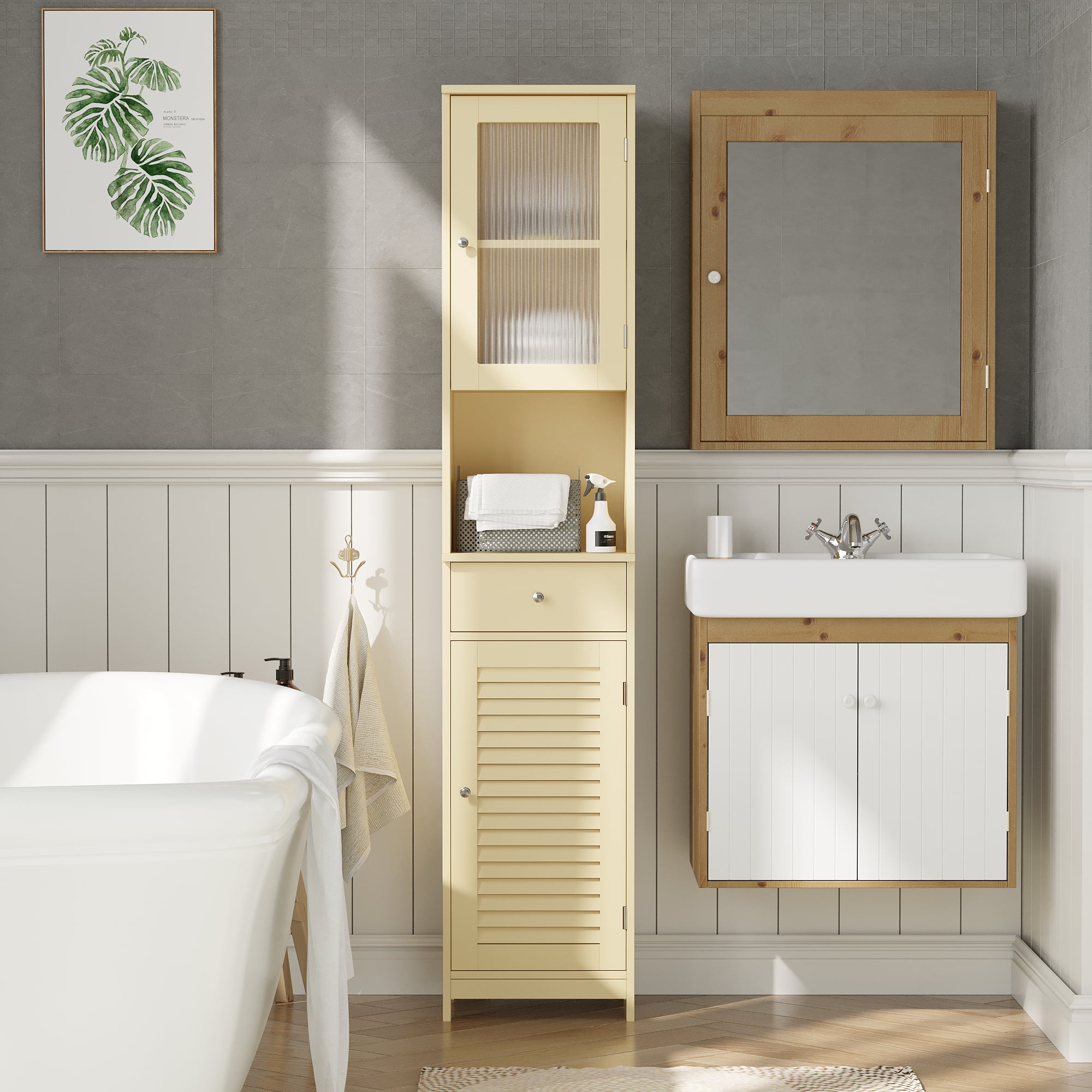 Karl home 71 Tall Bathroom Storage Cabinet Thin Floor Cabinet with 2  Doors, 1 Drawer & 1 Open Shelf, Freestanding Tower Cabinet for Bathroom,  Living