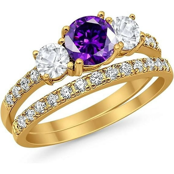 beryl_creation 925 Sterling Silver 2.00 Ct Round Cut Purple Amethyst Engagement Wedding Christmas Thanksgiving Bridal Ring Set 14K Yellow Gold Plated For Women's -4.5