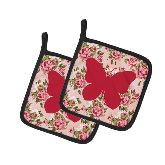 Butterfly Shabby Chic Pink Roses Pair of Pot Holders