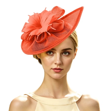 FAWUUDO Women Sun Hats UV Protection Wide Brim Dress Hat Lightweight Plain Portable Hat for Wedding Tea Party Formal Outdoor Orange