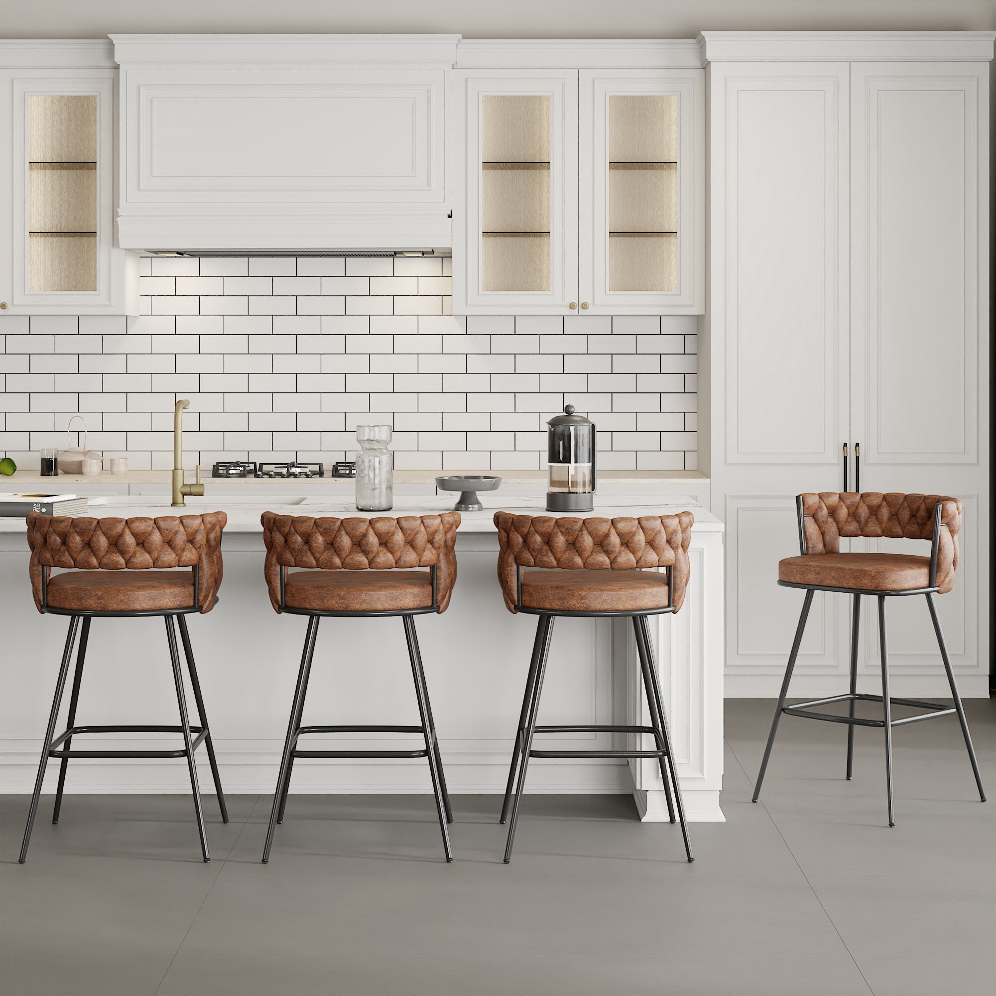 VECELO Modern Braided Bar Stools Set of 4 – Suede Fabric Counter Height Stools with Woven Back Support & Footrest, Heavy-Duty Metal Frame Bar Chairs for Kitchen Island,Brown