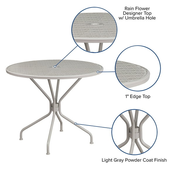 Flash Furniture Commercial Grade 35.25" Round Light Gray Indoor-Outdoor Steel Patio Table with Umbrella Hole