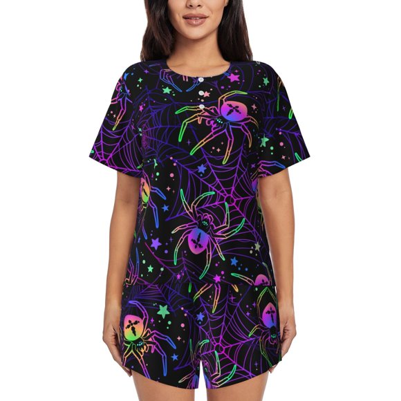 Saiise Multi-colored Spiders Print Pajamas Sets for Women Short-Sleeved Pjs with Lounge Shorts Two Piece Sleepwear-Small