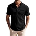 thumbnail image 3 of Men's Casual Button Up Shirt Polyester Blend | Short Sleeve Stand Collar With Breathable Fabric Beach Shirt | Sun Protection Vacation Tops Comfortable Daily | Zenithor,Black L, 3 of 9