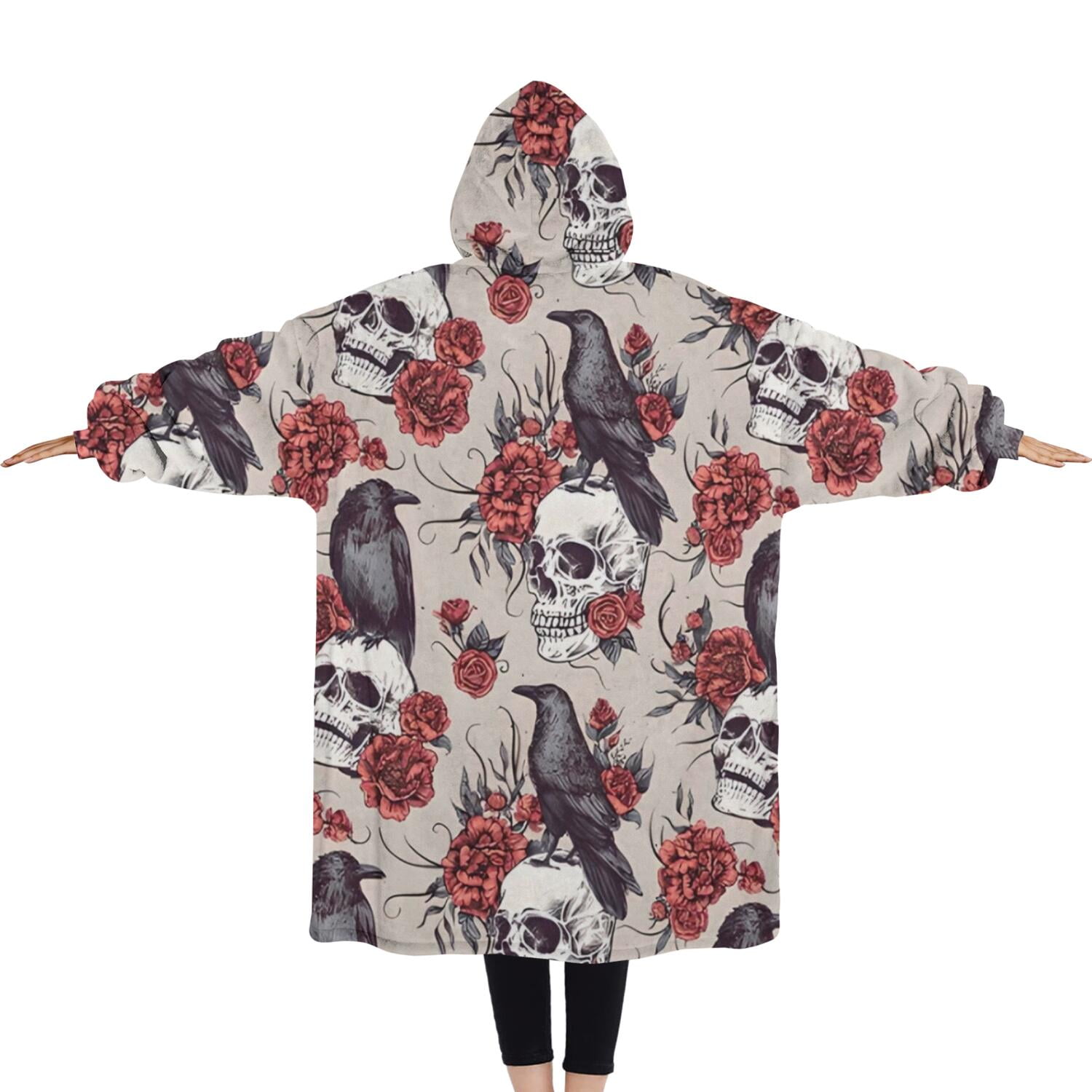 Oversized Wearable Blanket Hoodie,Beige Skull Crow Flower Pattern Sherpa Blanket Hoodie with Super Pockets,Super Warm Fuzzy Pullover for Women & Men