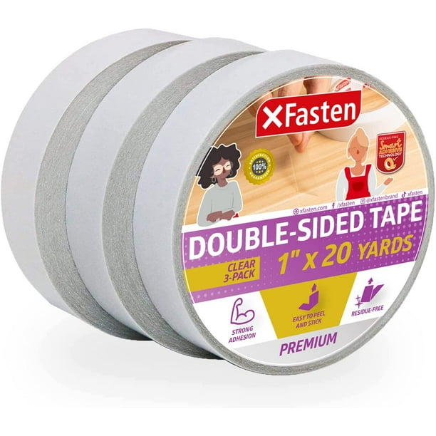 XFasten Double Sided Tape Clear, Removable, 1Inch by 20Yards, Pack of