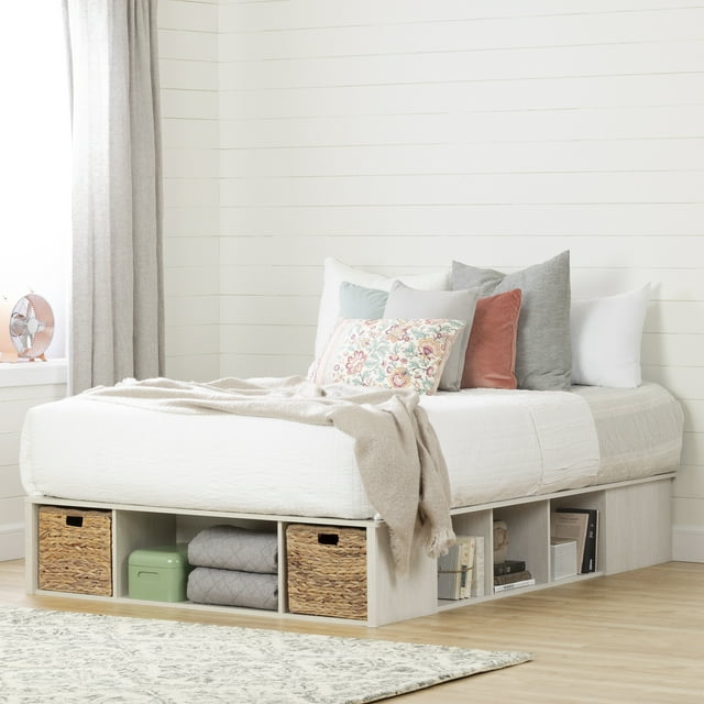 South Shore Avilla Queen Storage Platform Bed with Wicker Baskets, in Winter Oak