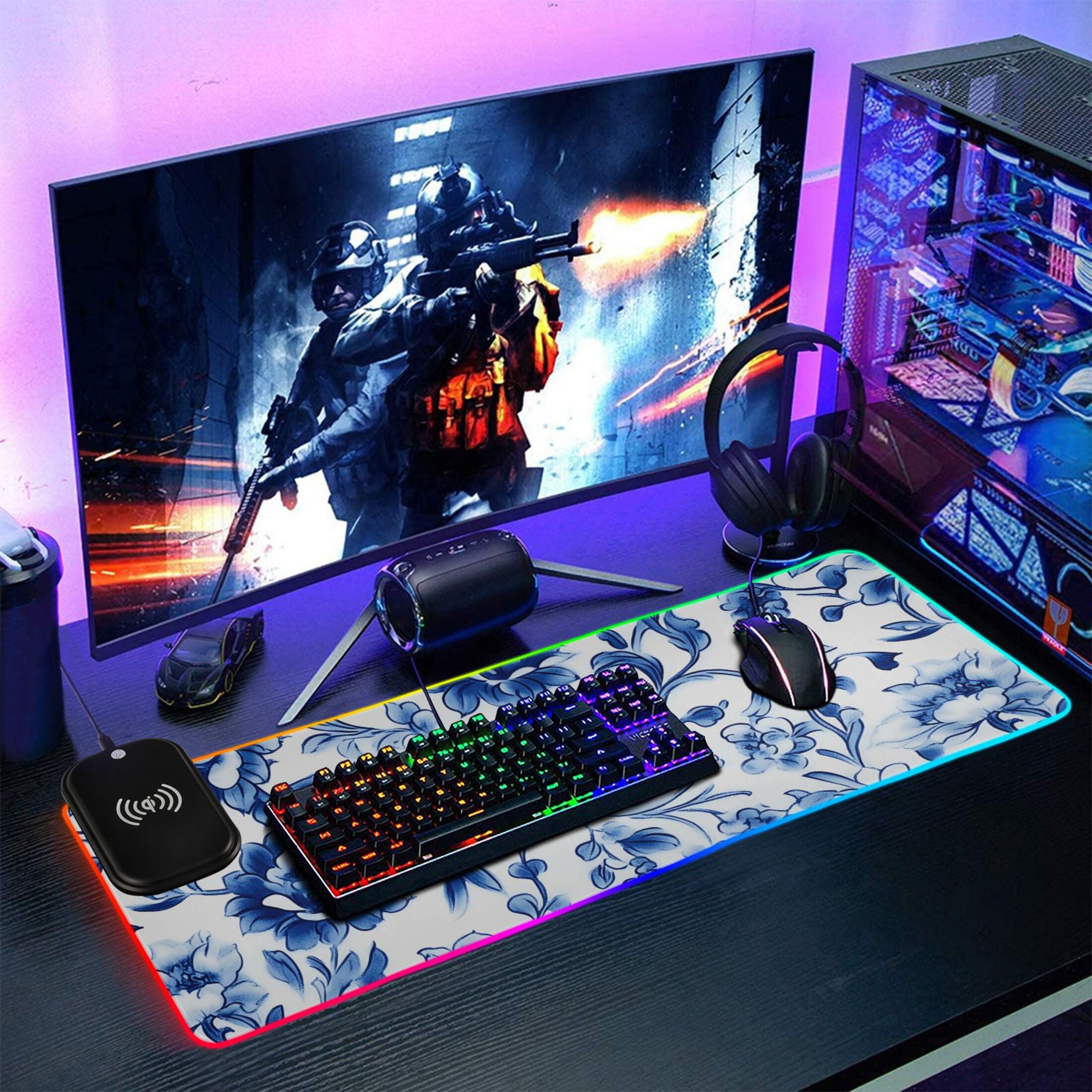 RGB Gaming Mouse Pad 15W Wireless Charging Large Waterproof Desk Mat 13 Light Modes Mousepad 31.5x11.8 Blue and White Porcelain Floral