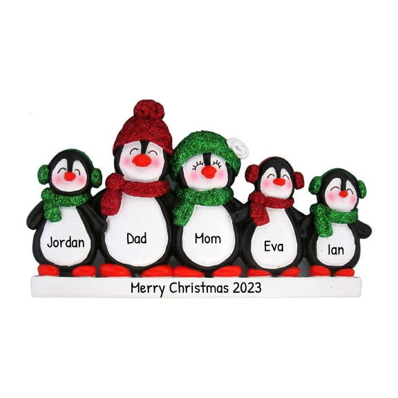 Personalized Family Christmas Ornament 2024 - Lovely Family of 5 Penguin in Earmuffs Glittery Scarf