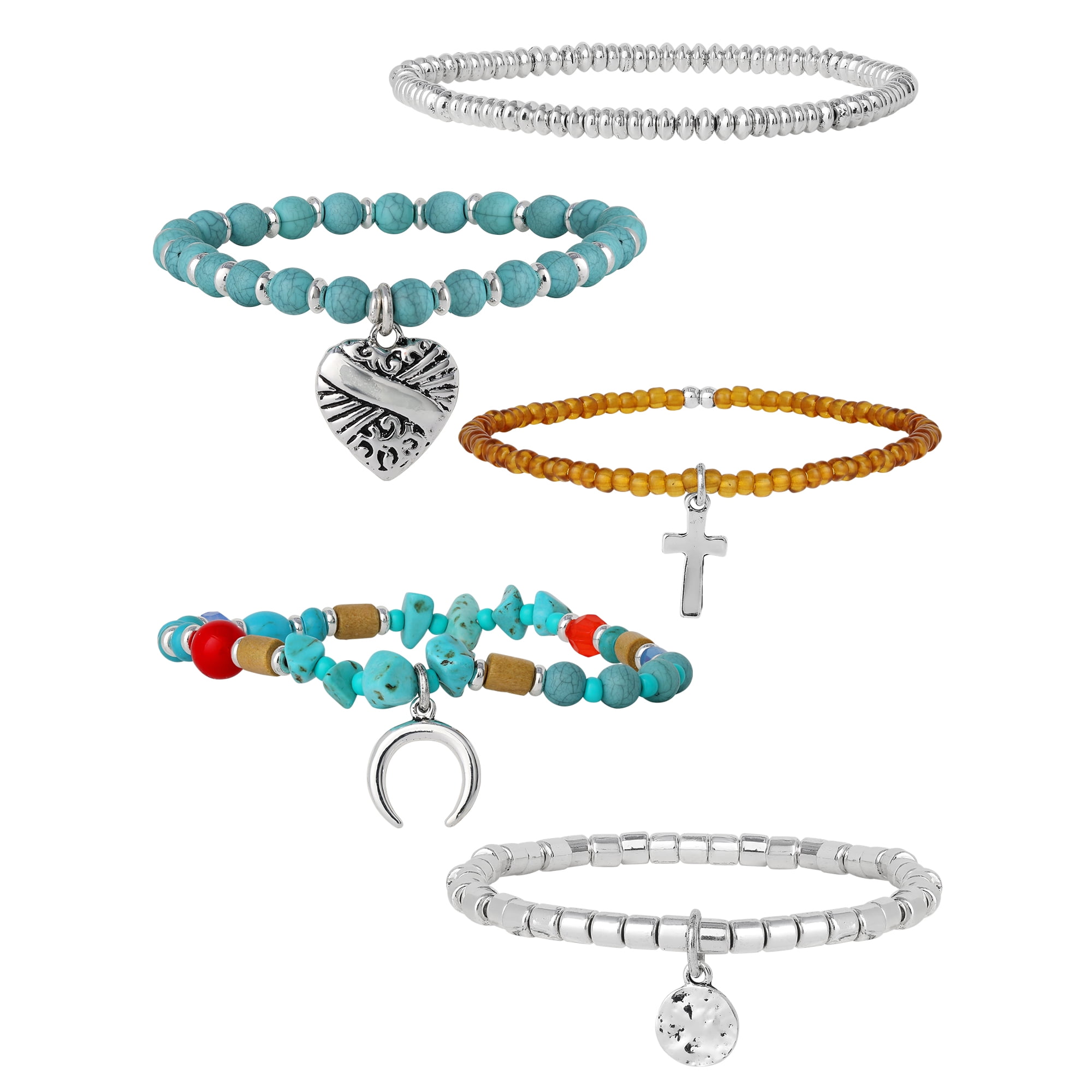 Jessica Simpson Women's 5-Pack Multi Bead Bracelet Stack with Charm Details
