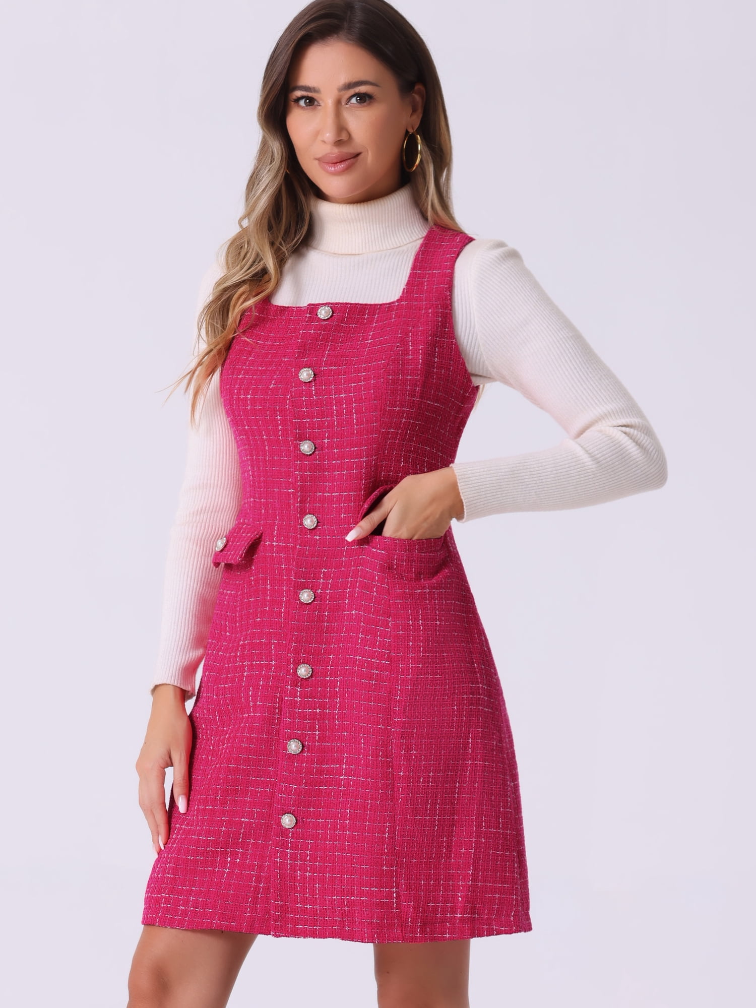 DARING DIVA Women's Tweed Square Neck A Line Pinafore Dresses XL Hot Pink