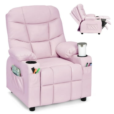 Infans Kids Youth Recliner Chair PU Leather w/Cup Holders & Side Pockets Pink