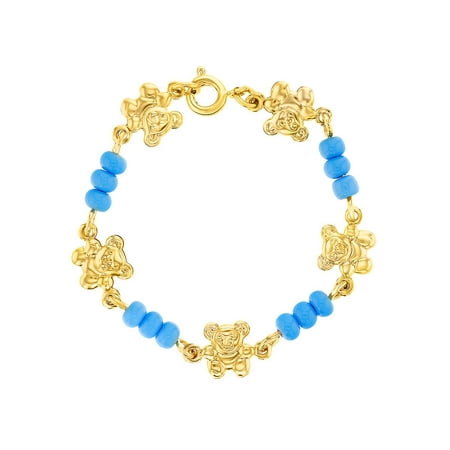 Bead Baby Bracelet - 18k Gold Plated Blue Beads Teddy Bear Baby Infants Newborn Bracelet 4.5