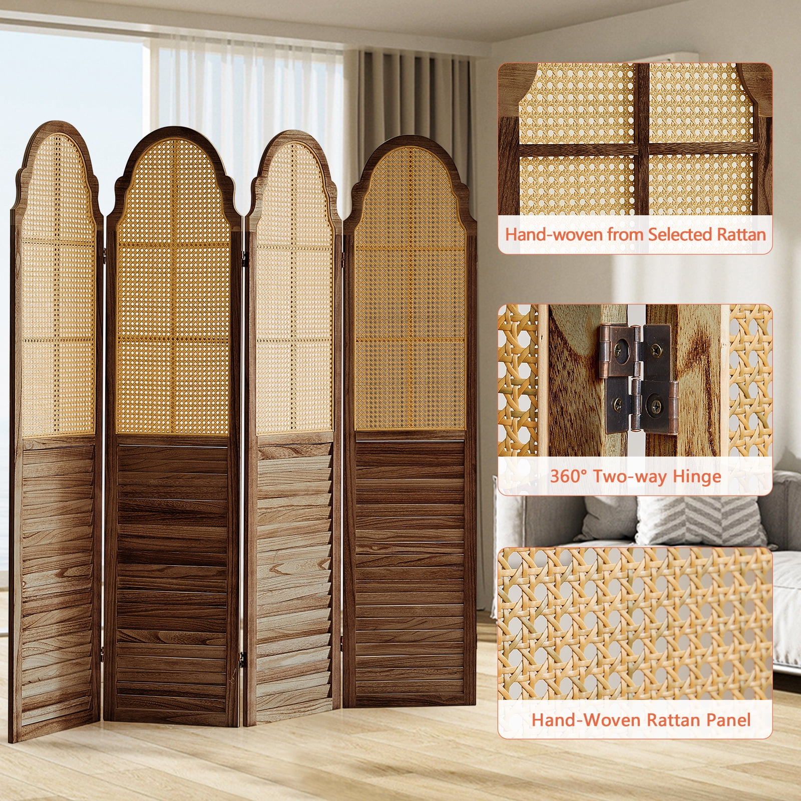 Aletheiawu 4 Panel Rattan Room Divider, Foldable Privacy Screen, No Installation Require, Dark Brown