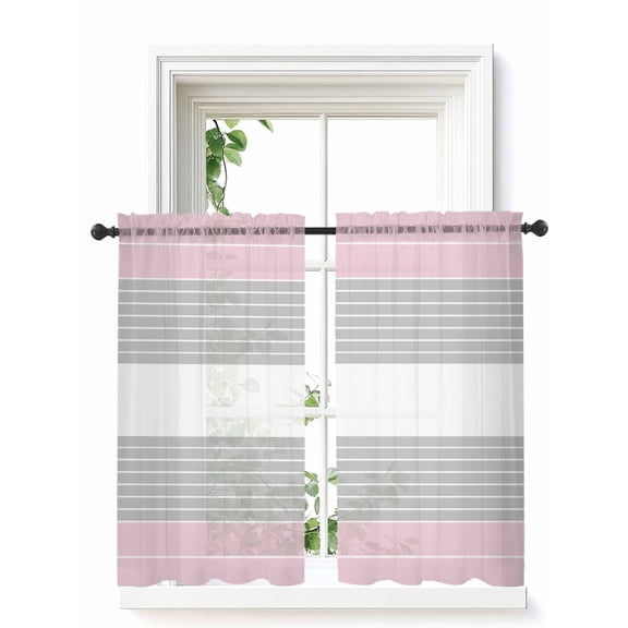 Pink Striped Curtains 54 Inch Length, Sheer Curtains for Bedroom Living Room Window Multicolor Grey White Horizontal Stripes Rod Pocket Drapes Kitchen Curtains Small Half Window 42"x54" 2 Panels