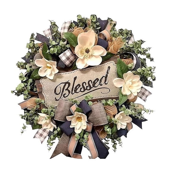 Yucurem Spring Summer Wreath for Front Door, 17.72" Magnolia Porch Hanging Decoration, Buffalo Plaid Year Round Wreath for Home Farmhouse Housewarming Gift