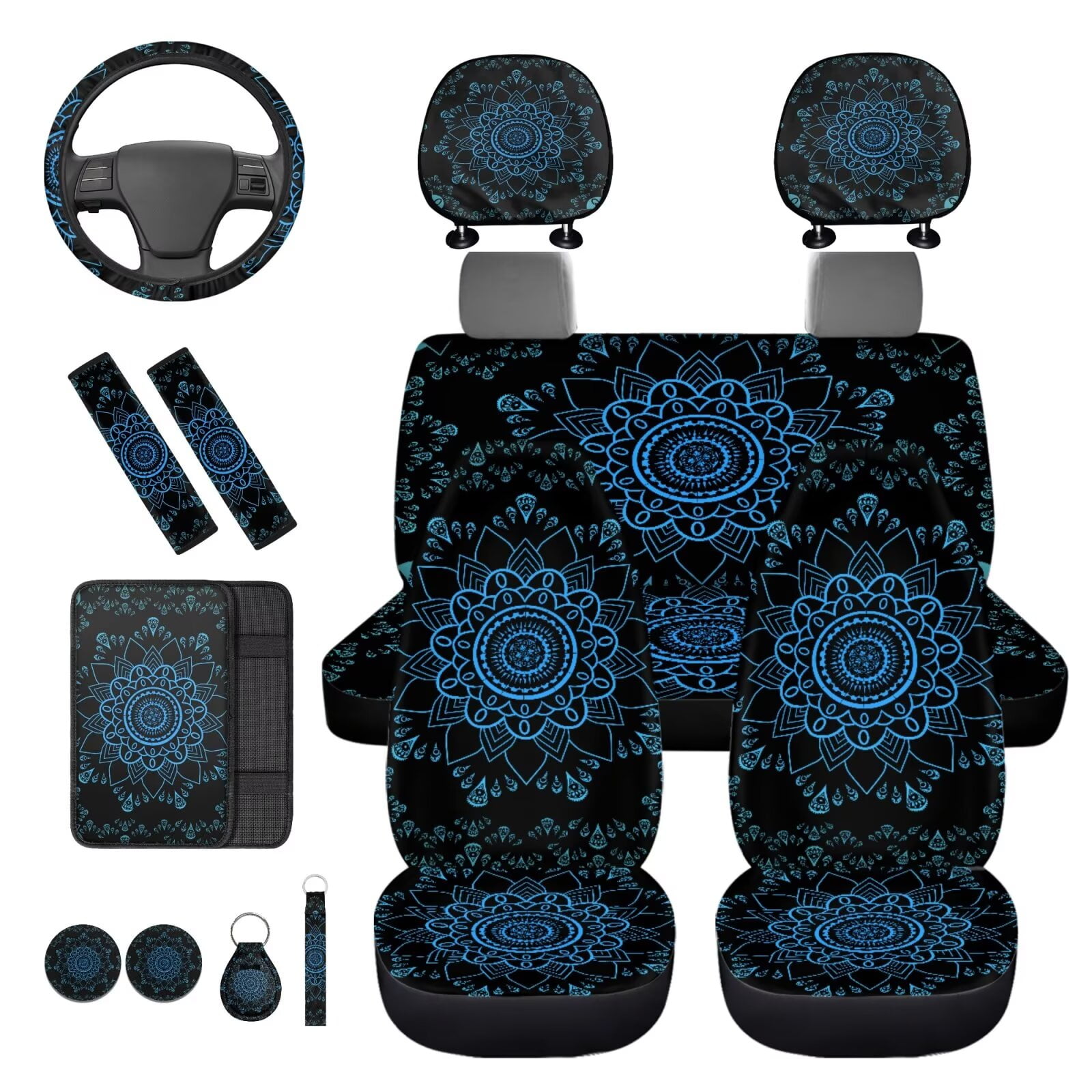 HUIACONG Blue Lotus Mandala Car Seat Covers for Women Full Set 14 Pcs Boho Car Accessories Interior Including Steering Wheel Cover Seat Belt Covers Armrest Cover Headrest Covers Coasters Keychain