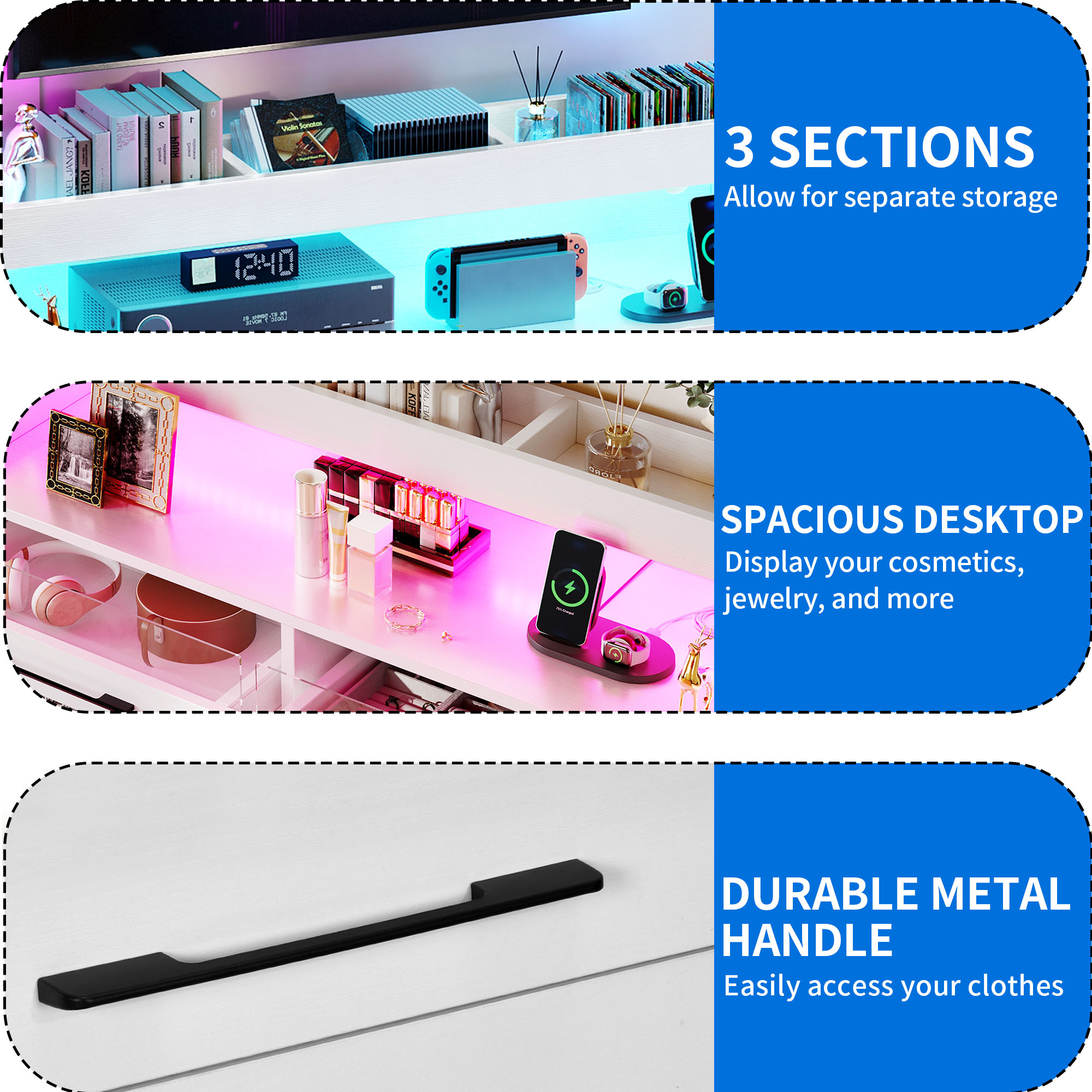 Dextrus 6-Drawer Dresser for Bedroom, Modern Chest of Drawers with LED Light, Open Storage, Organizer, Adult, White