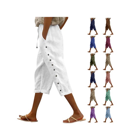 Womens Shorts Elastic High Waist Cotton Linen Pants Solid Color Wide Leg Lightweight Cropped Pant with Pockets