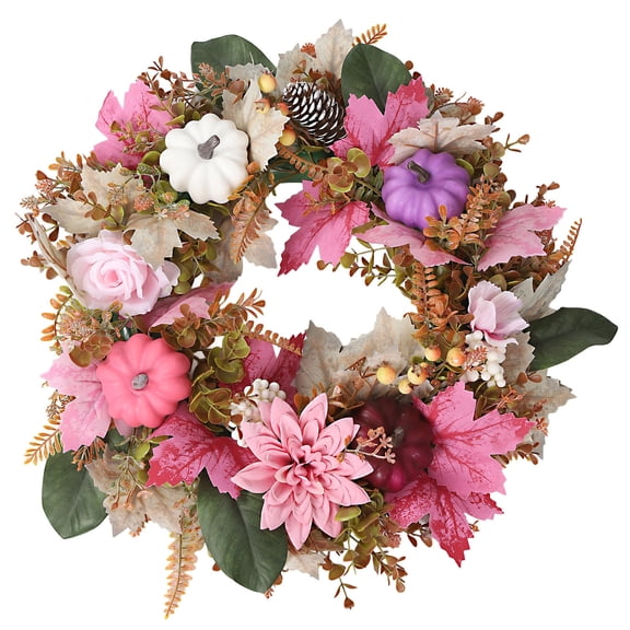 Fall Decor Pink Garland Thanksgiving Pumpkin Garland Autumn Maple Leaf Pumpkin Pine Cone Berry Wreath For Thanksgiving Halloween Farmhouse Harvest Front Door Outdoor Indoor Window Wall
