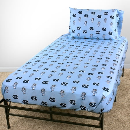 North Carolina Tar Heels 100% cotton, 4 piece sheet set - flat sheet, fitted sheet, 2 pillow cases, King, Team Colors