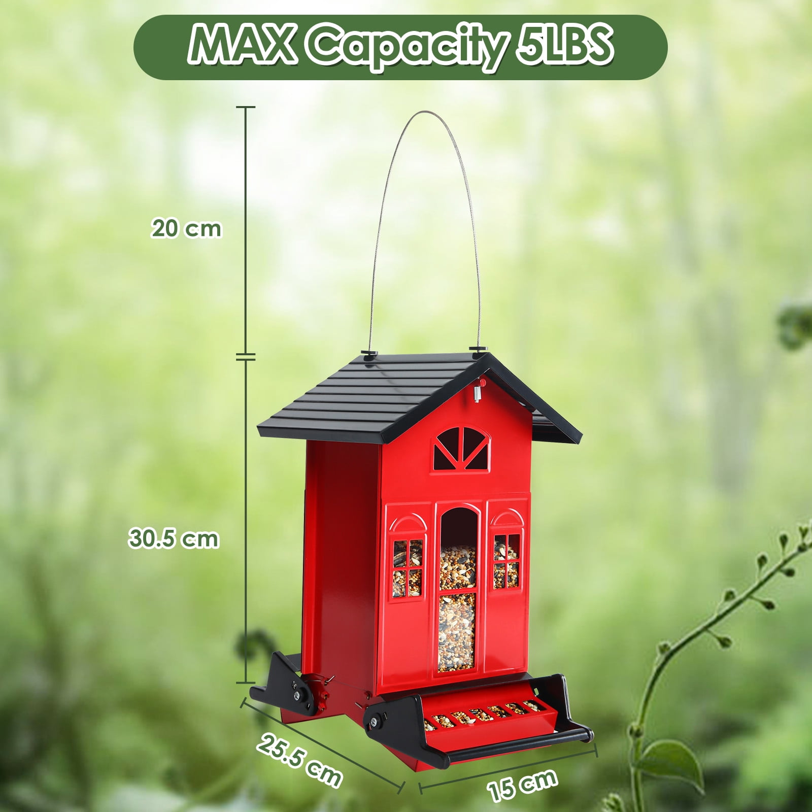 Birdkiss 5lbs Squirrel-Proof Wild Bird Feeder with Bilateral Weight-Activated Perches, 14 Feeding Ports, Outdoor Bird Feeder for Garden Yard Outside, Red