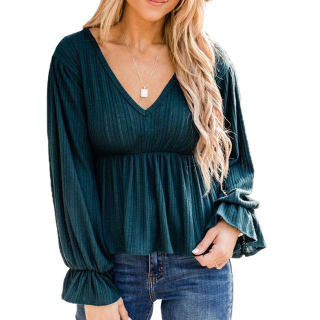 Top de manga larga con cuello en V y mangas acampanadas con dobladillo con volantes, blusa holgada y transpirable para mujer para otoño invierno verde L